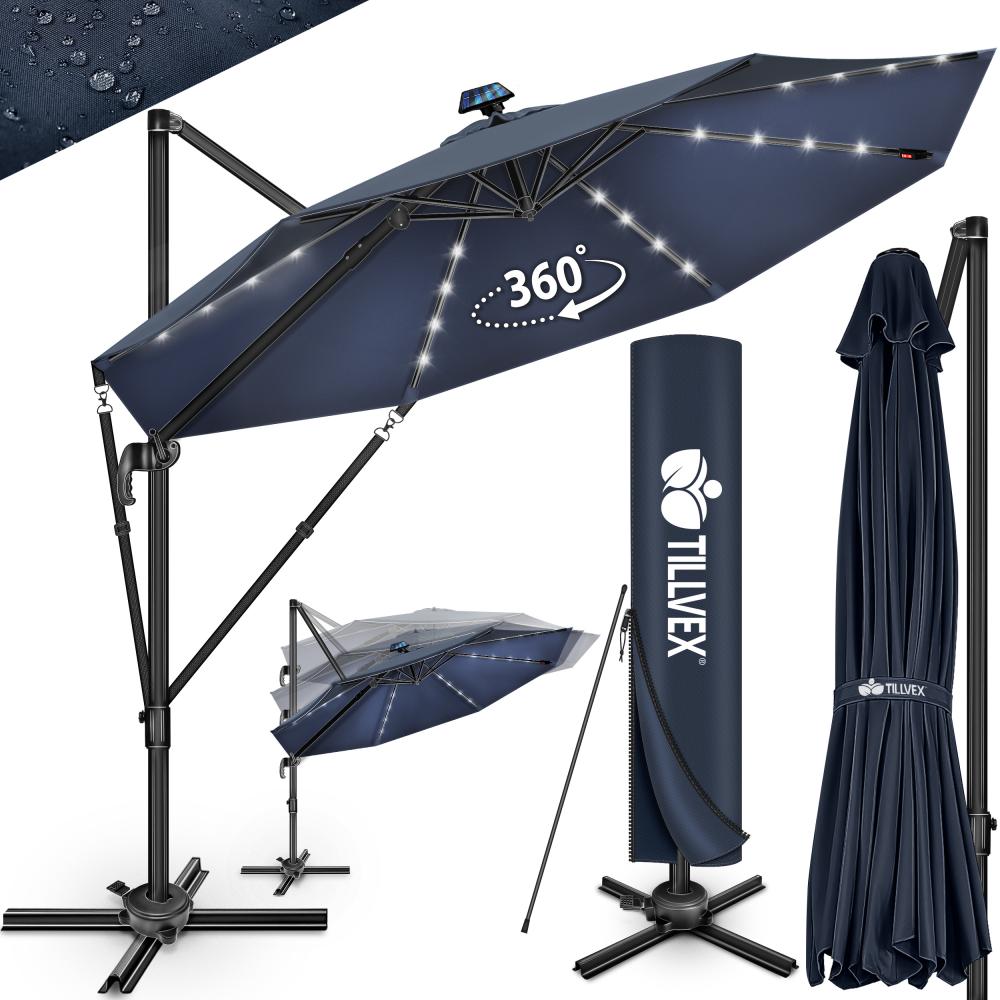 tillvex® Premium Alu Sonnenschirm 330 cm Navy-Blau + Abdeckung & Windsicherung | Ampelschirm 6-Fach Verstellbar mit Kurbel | Gartenschirm 360° Drehbar Neigbar Kippbar | Kurbelschirm UV50+ Groß wasserdicht Bild 1