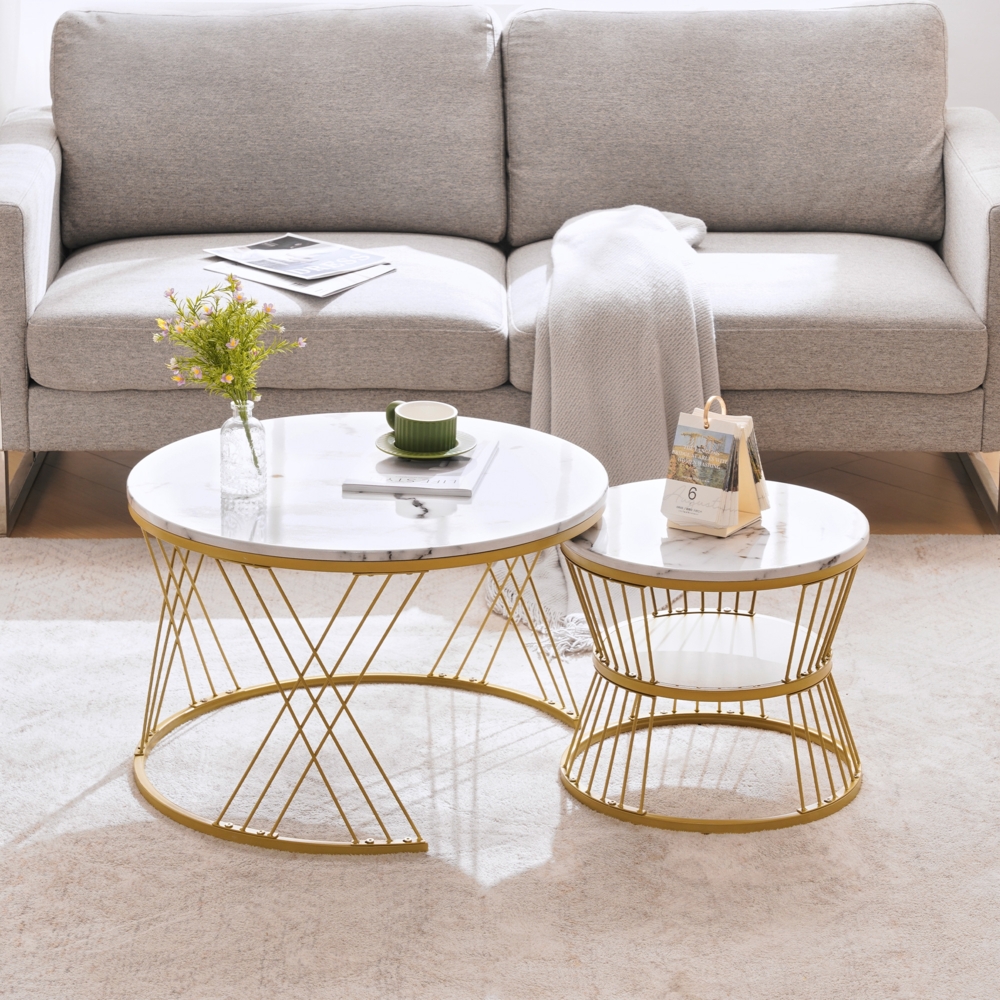 Couchtisch-Set, MDF mit Hochglanz-Marmormuster, 70 x 70 x 47 cm & 45 x 45 x 40 cm, Weiß Bild 1