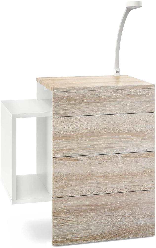 Vladon Nachttisch Queens, Nachttischschrank mit 2 Schubladen und 1 seitlichem Fach zur Wandmontage, Weiß matt/Eiche Sägegrau, inkl. LED Flexi Lampe weiß (60 x 63 x 36 cm) Bild 1
