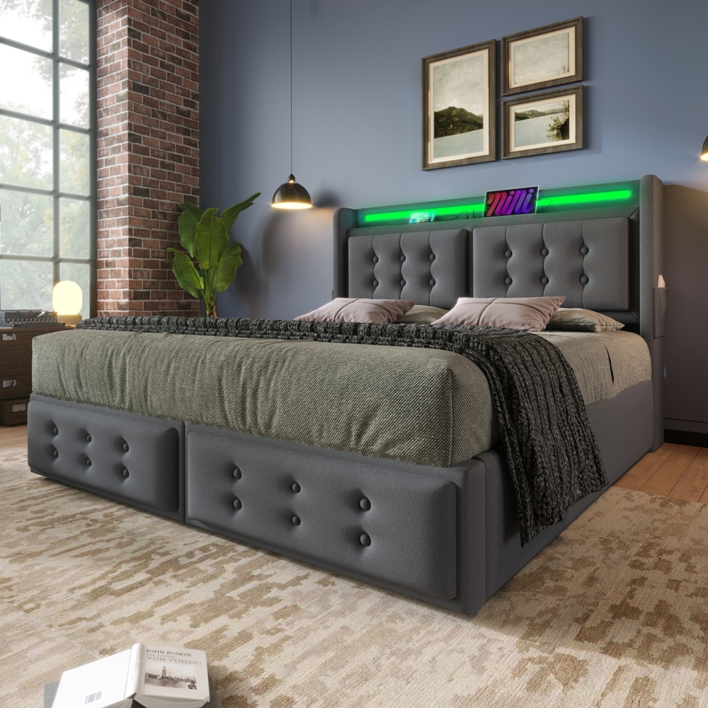 Polsterbett 180×200 cm mit Ladefunktion & LED-Beleuchtung, Stauraum, Baumwoll-Leinen Bezug Grau Bild 1