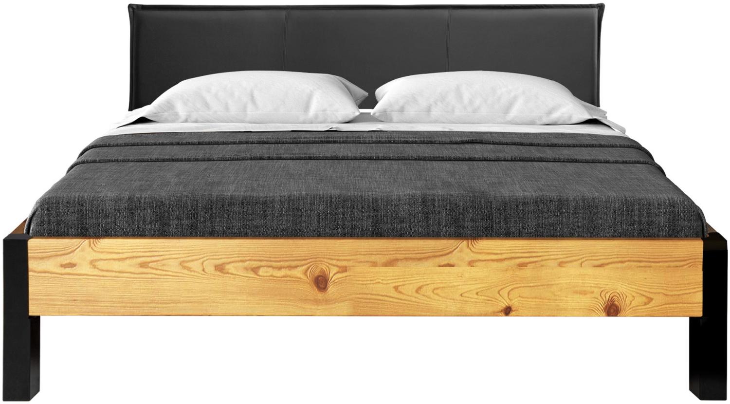 Möbel-Eins CURBY Bett Metallfuß, mit Polsterkopfteil, Material Massivholz, rustikale Altholzoptik, Fichte natur 90 x 220 cm Kunstleder Schwarz ohne Steppung Bild 1