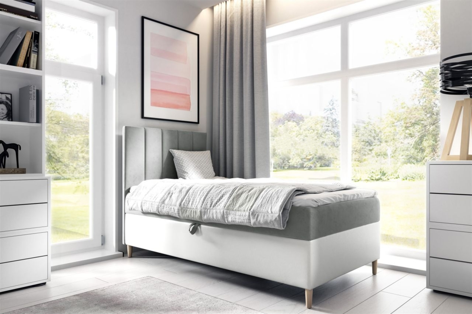 Boxspringbett Gästebett Kinderbett HELVI Nr. 1 90x200cm Weiss-Grau Bild 1