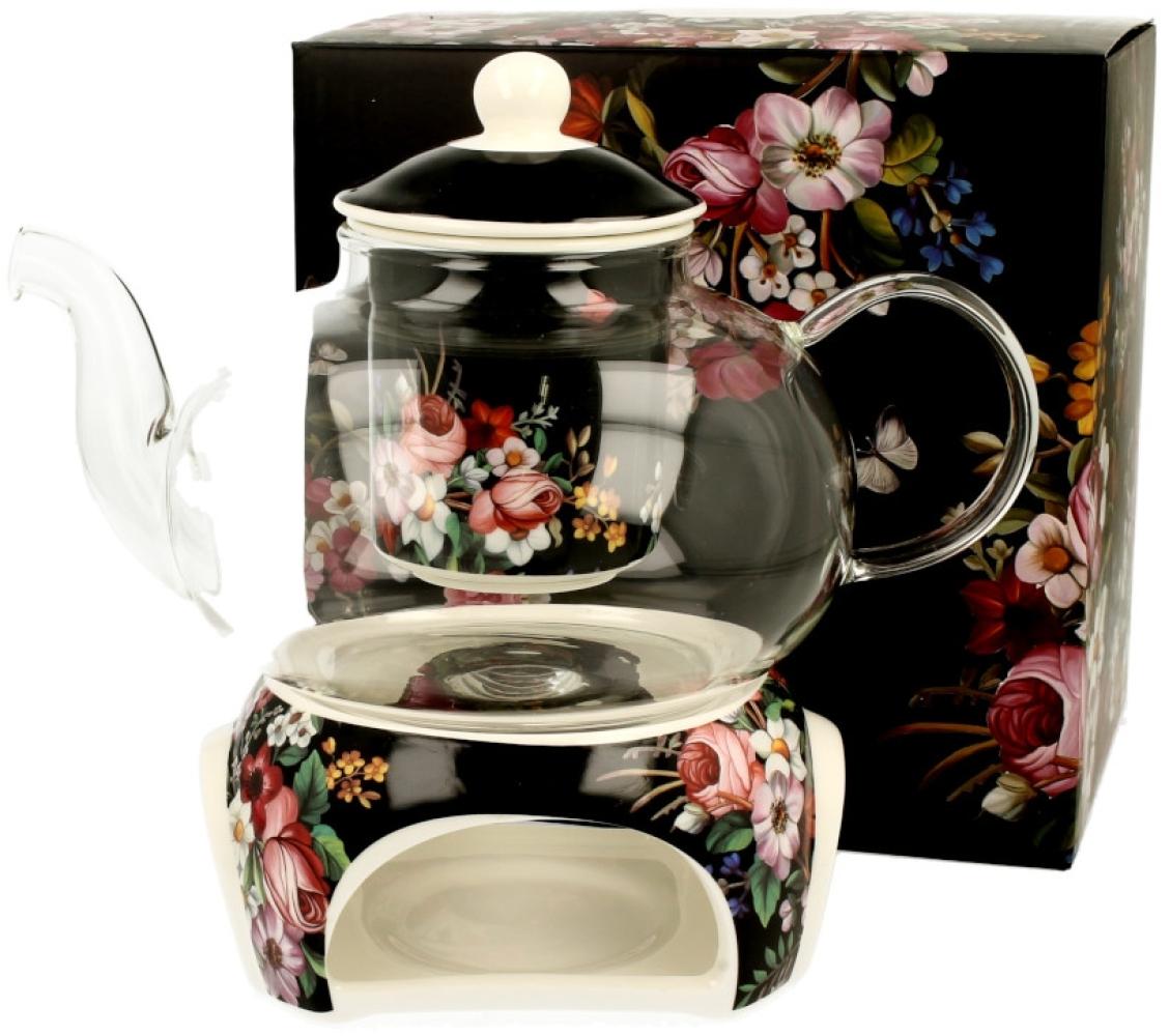 DUO FLORAL Teekanne 1000 ml VINTAGE FLOWERS BLACK mit Stövchen, Glas - New Bone China Porzellan Bild 1