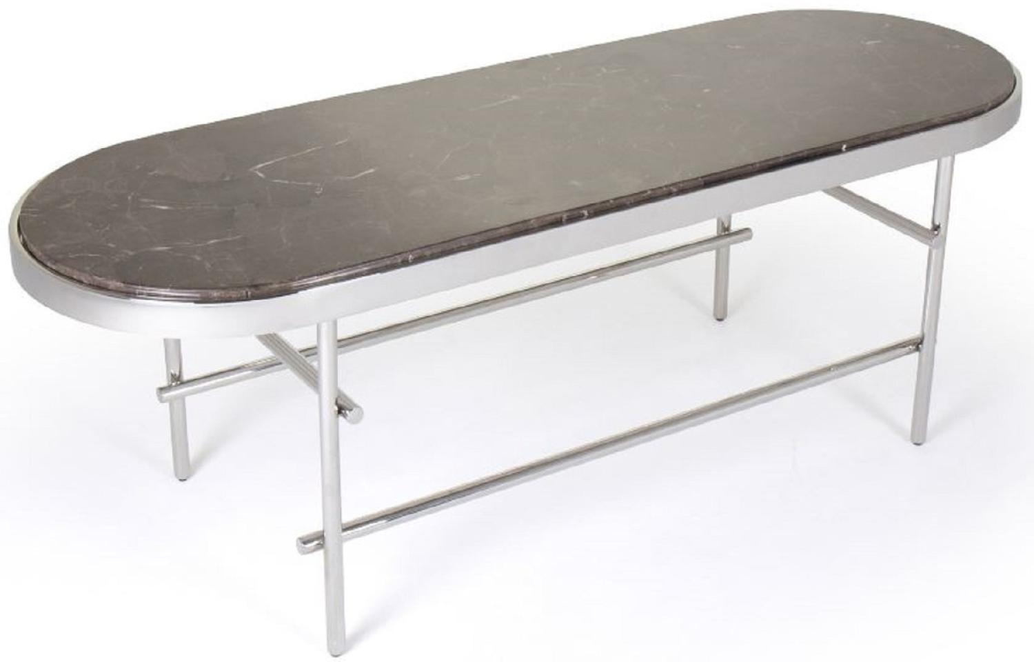 Casa Padrino Luxus Couchtisch Dunkelbraun / Silber 130 x 45 x H. 45 cm - Ovaler Wohnzimmertisch mit Marmorplatte und Edelstahl Gestell - Luxus Wohnzimmer Möbel Bild 1