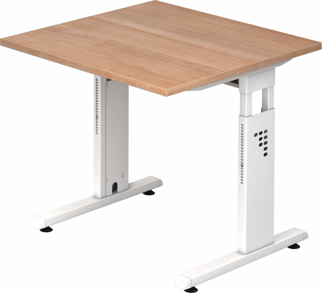 bümö höhenverstellbarer Schreibtisch O-Serie 80x80 cm in Nussbaum, Gestell in weiß - PC Tisch klein für's Büro manuell höhenverstellbar, Computertisch verstellbar, OS-08-N-W Bild 1