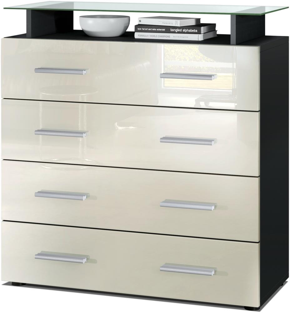 Vladon Sideboard Pavos V2, Kommode mit 4 Schubladen und Glasablage, Schwarz matt/Creme Hochglanz (76 x 81 x 35 cm) Bild 1