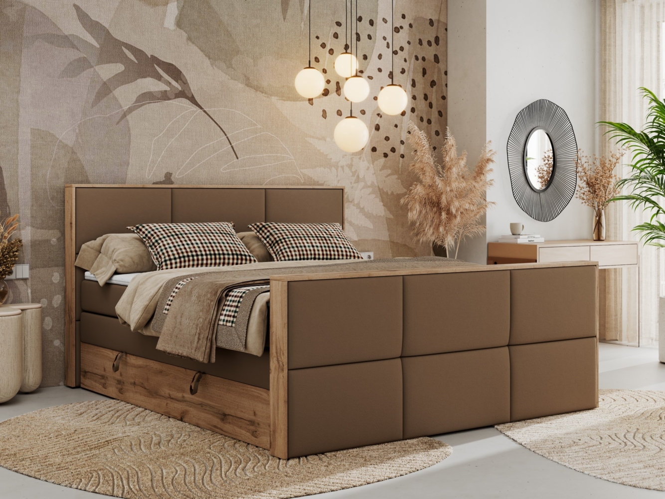 Doppelbett, Boxspringbett mit zwei Multipocket-Matratzen und ein Topper, Bettkästen, Eiche Wotan Holzrahmen, genähtes Kopfteil und Front - ALBERO 2 KING DUO - 140 x 200 cm - Braun Kunstleder - H4 Bild 1