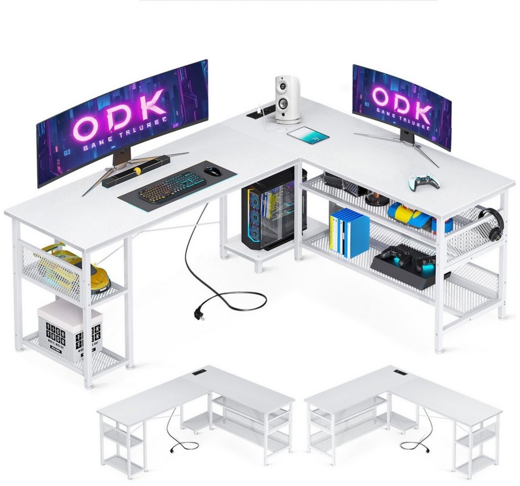 ODK Computertisch L-Form Reversibler Eckschreibtisch mit Steckdosen 168×120cm (1-St), mit Großer Stauraum, 2 Steckdosen und 2 USB Ladeanschluss Bild 1