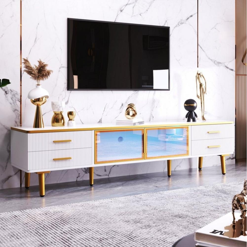 HAUSS SPLOE TV-Schrank TV-Lowboards TV Schrank Fernsehschrank TV-Tisch (Fernsehschrank TV-Lowboard Sideboard Beistellschrank modern, mit 4 Strukturierte Schubladen 4 Füßen) mit Goldenen Griffen und zwei Braune Türen aus Gehärtetem Glas Bild 1