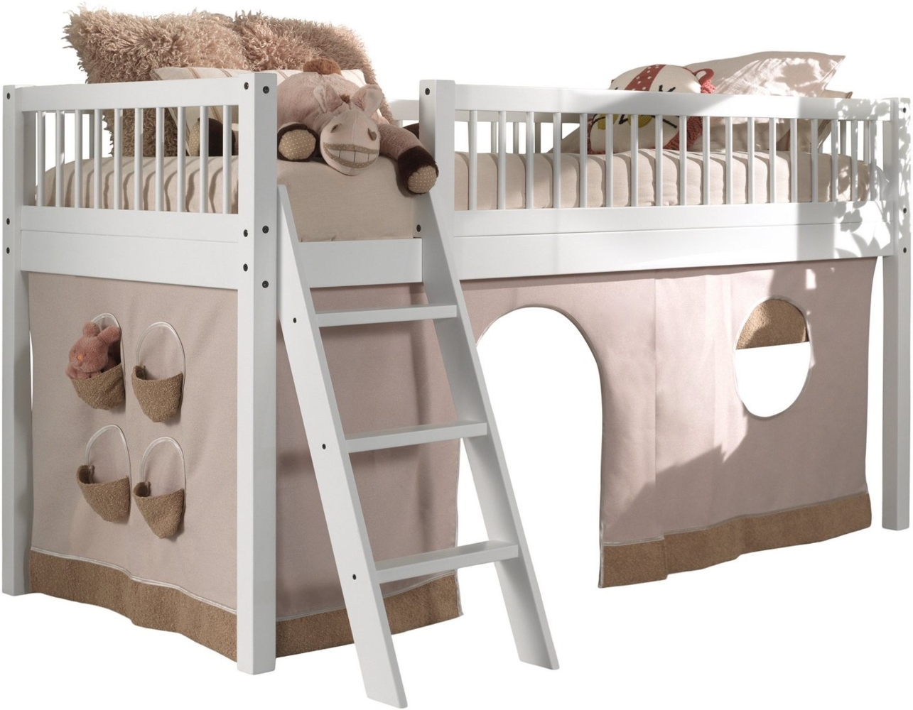 Home affaire Spielbett Forrest 90/200 aus massiver Buche weiß lackiert, inkl. Vorhang-Set, stabil gebaut mit umlaufenden Absturzschutz, Leiter und Rolllattenrost Bild 1
