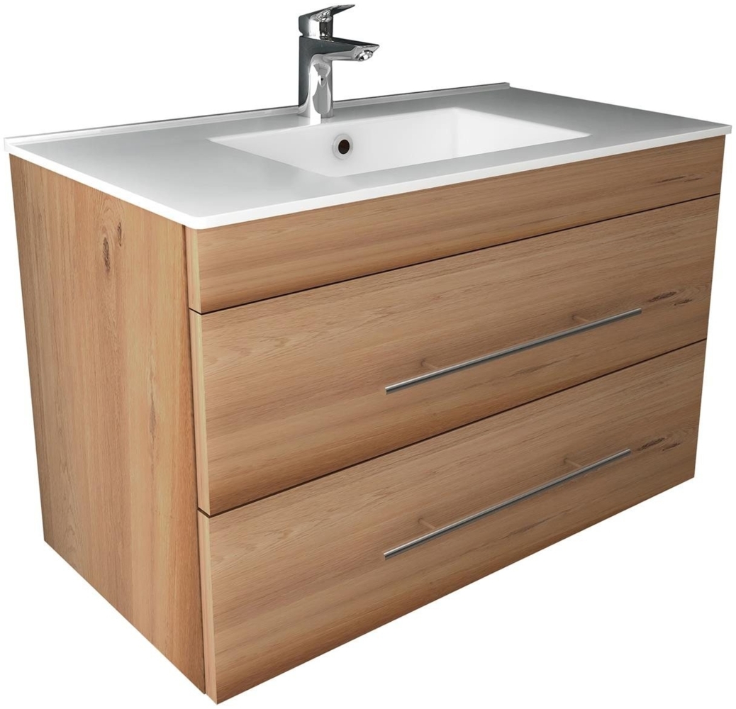 Alpenberger Badmöbel-Set Bad Unterschrank & Waschbecken Set – Waschtisch Gäste WC, (2-tlg, Badezimmermöbel Vormontiert mit Nano Becken), Waschbeckenunterschrank Breite 80 cm für Badezimmer in Bamboo Bild 1