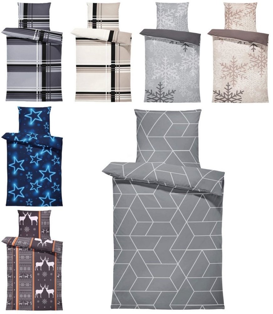 One Home Bettwäsche Winter, Biber, 4 teilig, geometrisch, kuschelig flauschig warme weiche Baumwolle Bild 1