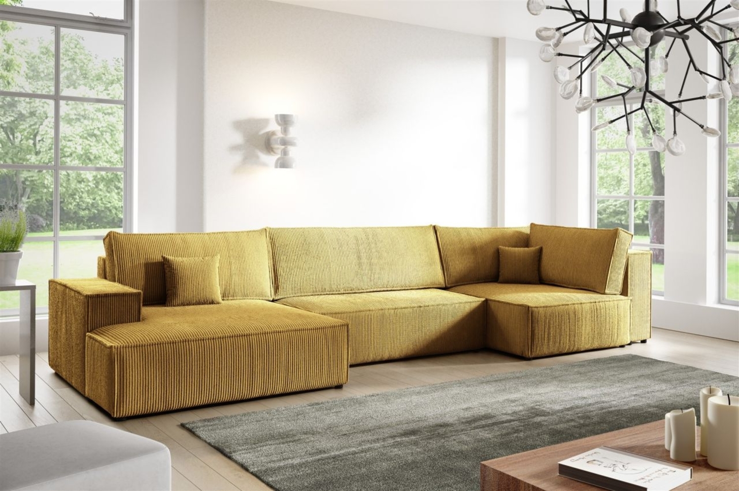 Wohnlandschaft Schlafsofa CORUNIA Stoff Poso Honiggelb Ottomane Links Bild 1