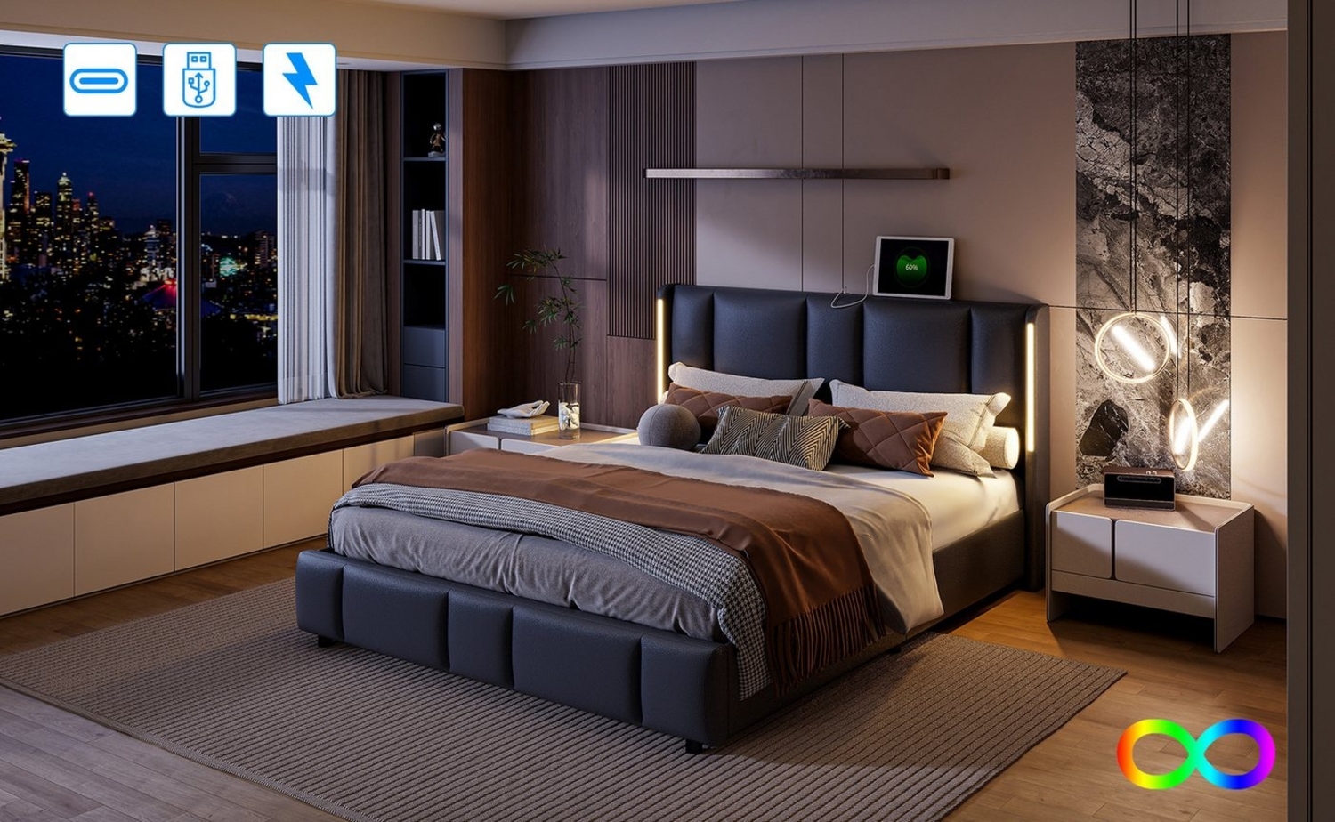 Furnishings Home Polsterbett Doppelbett Stauraumbett mit Licht und USB+TYPE-C (1-tlg. Mit LED-Licht und USB + C Ladefunktion, Hydraulisch anhebbarer Bettstauraum), Mit LED-Beleuchtung, Anschlüsse, Kunstleder, 160x200 cm Bild 1