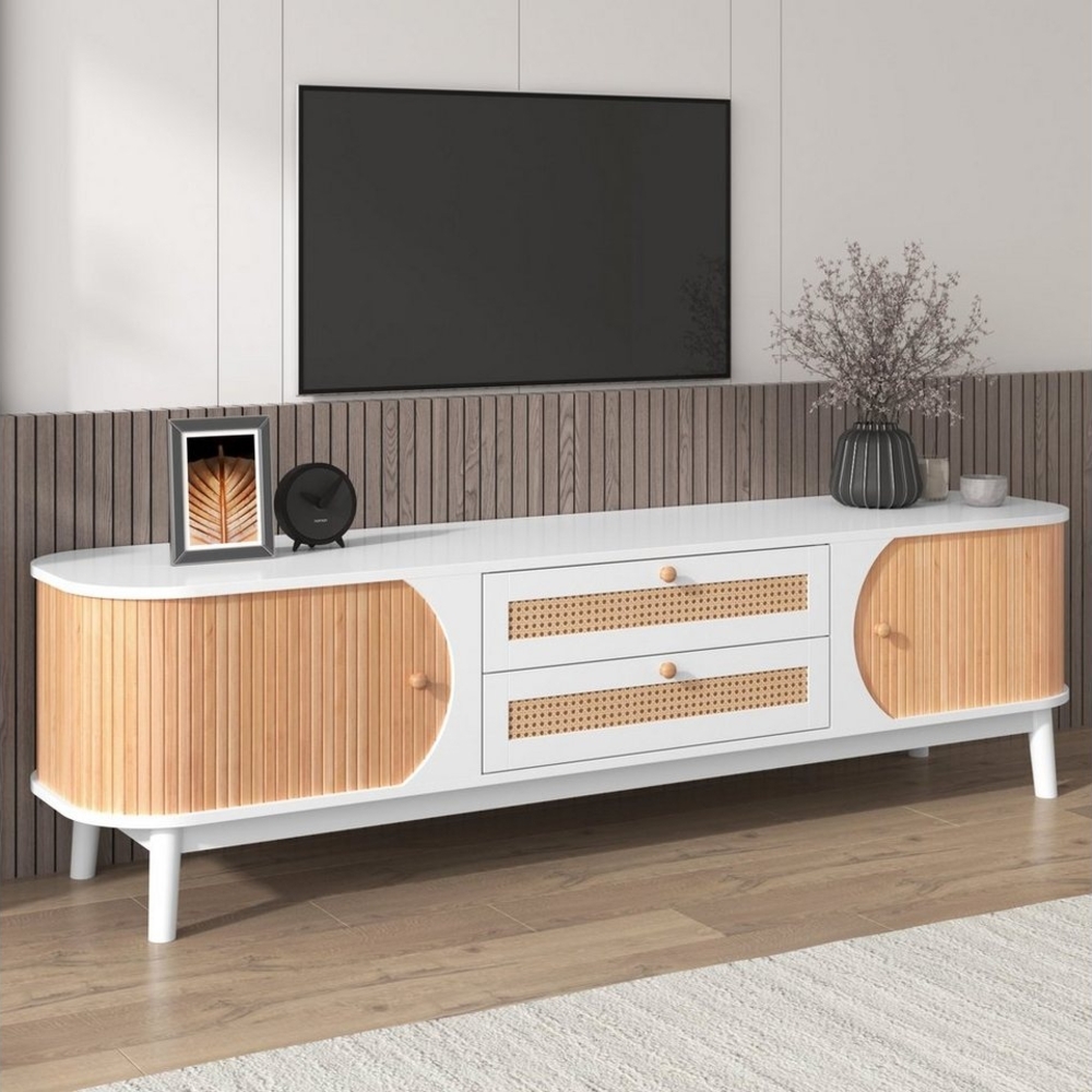 OKWISH TV-Schrank Lowboard (TV-Schrank mit Türen und Schubladen, TV-Ständer mit Rattanseiten) Massivholzbeine, Natürlicher Landhausstil. Bild 1