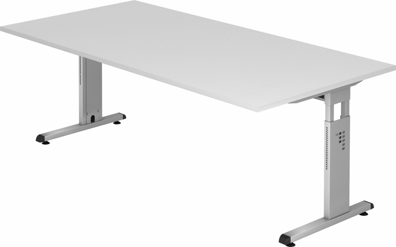 bümö höhenverstellbarer Schreibtisch O-Serie 200x100 cm in weiß, Gestell in Silber - großer PC Tisch für's Büro manuell höhenverstellbar, Computertisch verstellbar, OS-2E-W-S Bild 1