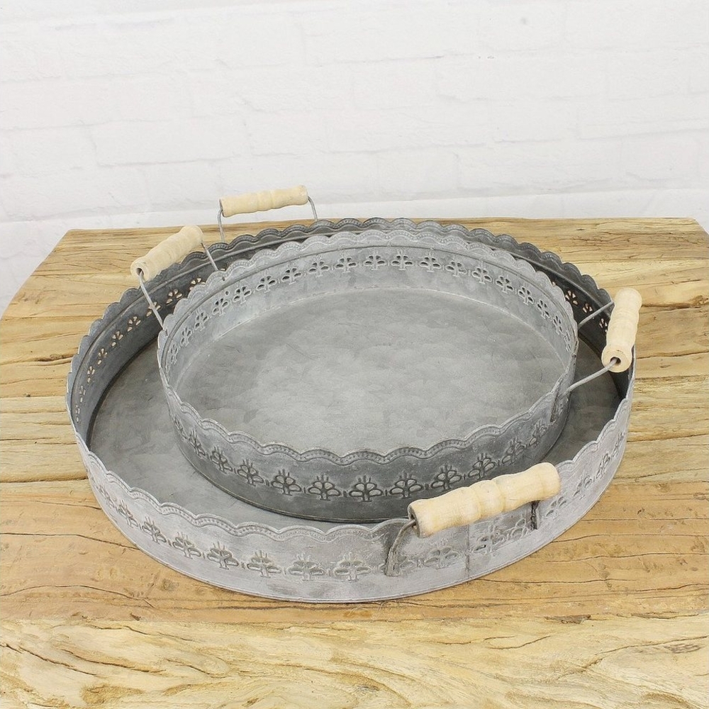 Macosa Home Dekotablett 2er Set Blech Grau rund Landhaus Tablett Metalltablett (2er Set, 2 St, 2 Stück verschiedene Größen), 30 cm & 40 cm mit Griff Blechtablett Tablett Metalltablett Bild 1