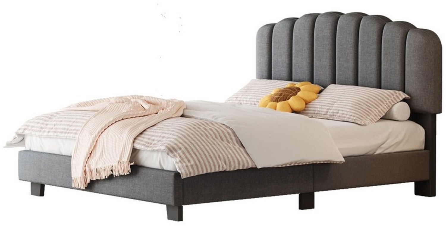 HAUSS SPOLE Polsterbett 140x200 mit Einzigartigem Kopfteil, verstellbarem Kopfteil, Grau (mit verstellbarem Kopfteil, Leinenstoff, minimalistisches Design, ideal für Schlafzimmer & Jugendzimmer, 140x200 cm), Ohne Matratze Bild 1