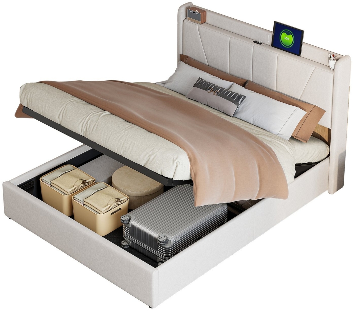 FUROKOY Polsterbett Doppelbett Stauraumbett Hydraulisch anhebbarer mit LED Licht USB+TypeC, 140x200 cm,Gepolstert,Speicherfunktion,Beige,Leinenmaterial Bild 1