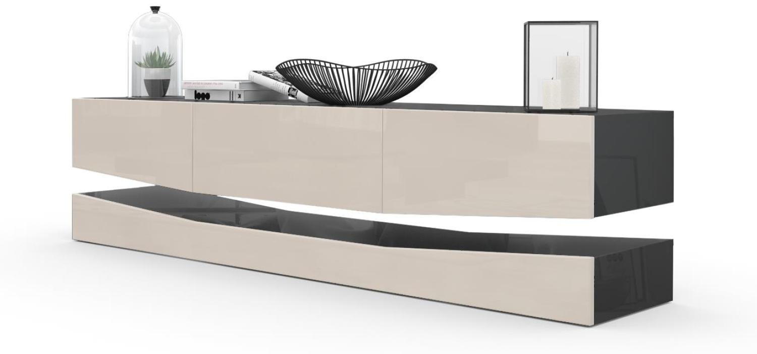 Vladon Lowboard City, TV-Kommode mit Sockelelement, 1 offenem Fach und 3 Schubkästen, Schwarz Hochglanz/Sandgrau Hochglanz (178 x variabel x 39 cm) Bild 1