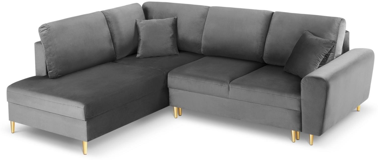 Micadoni 5-Sitzer Samtstoff Ecke links Sofa mit Bettfunktion und Box Moghan | Bezug Light Grey | Beinfarbe Gold Metal Bild 1