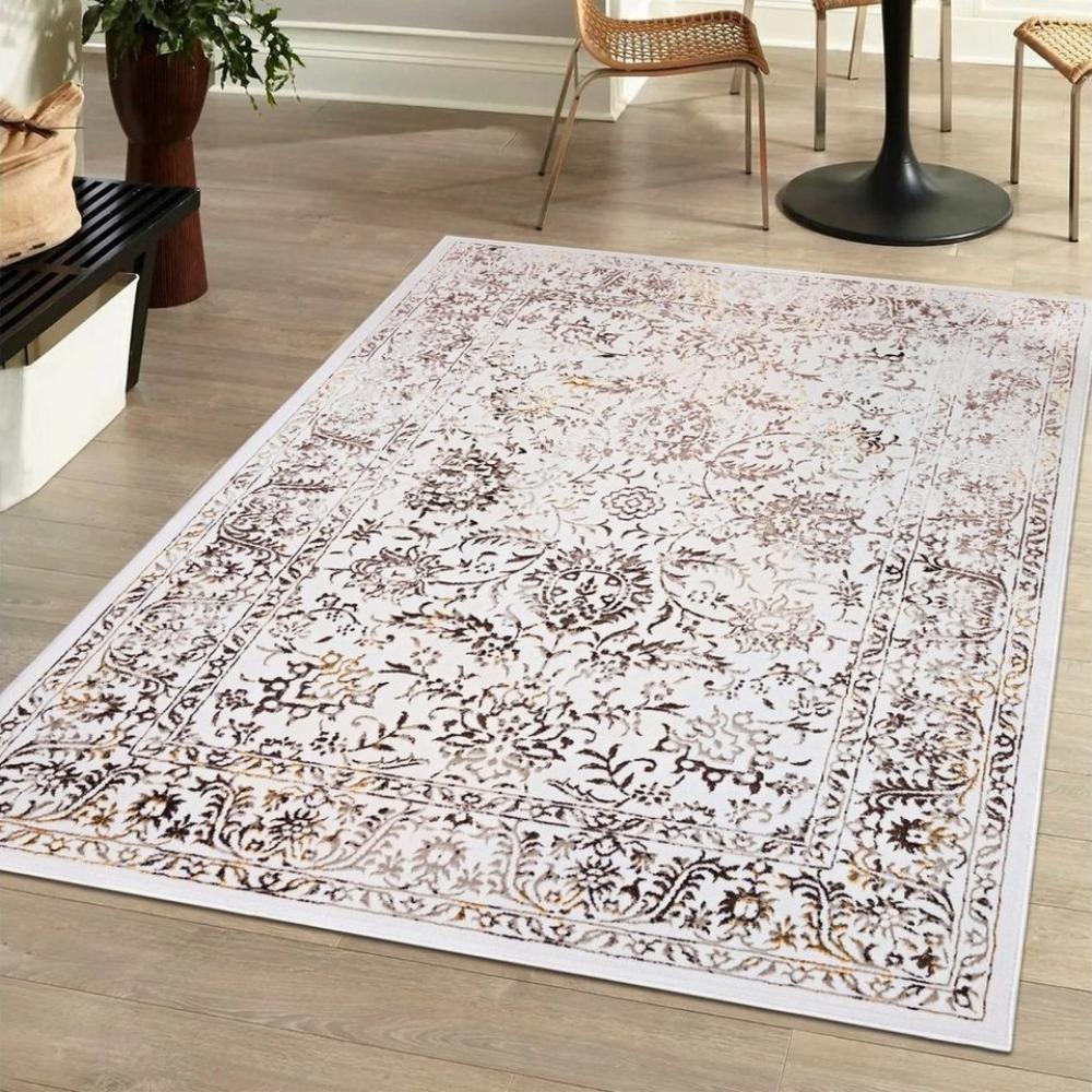 Mazovia Designteppich Vintage Teppich für Wohnzimmer - Glänzende - Creme Beige mit Gold, 80 x 150 cm, Glänzende Vintage, Höhe 10 mm, Kurzflor - niedrige Florhöhe, Weich, Pflegeleicht Bild 1