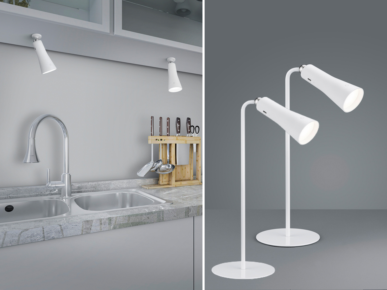 2er SET 3 in 1 LED Akku Tischleuchten mit Klemm- & Klebestation, Weiß H: 36cm Bild 1