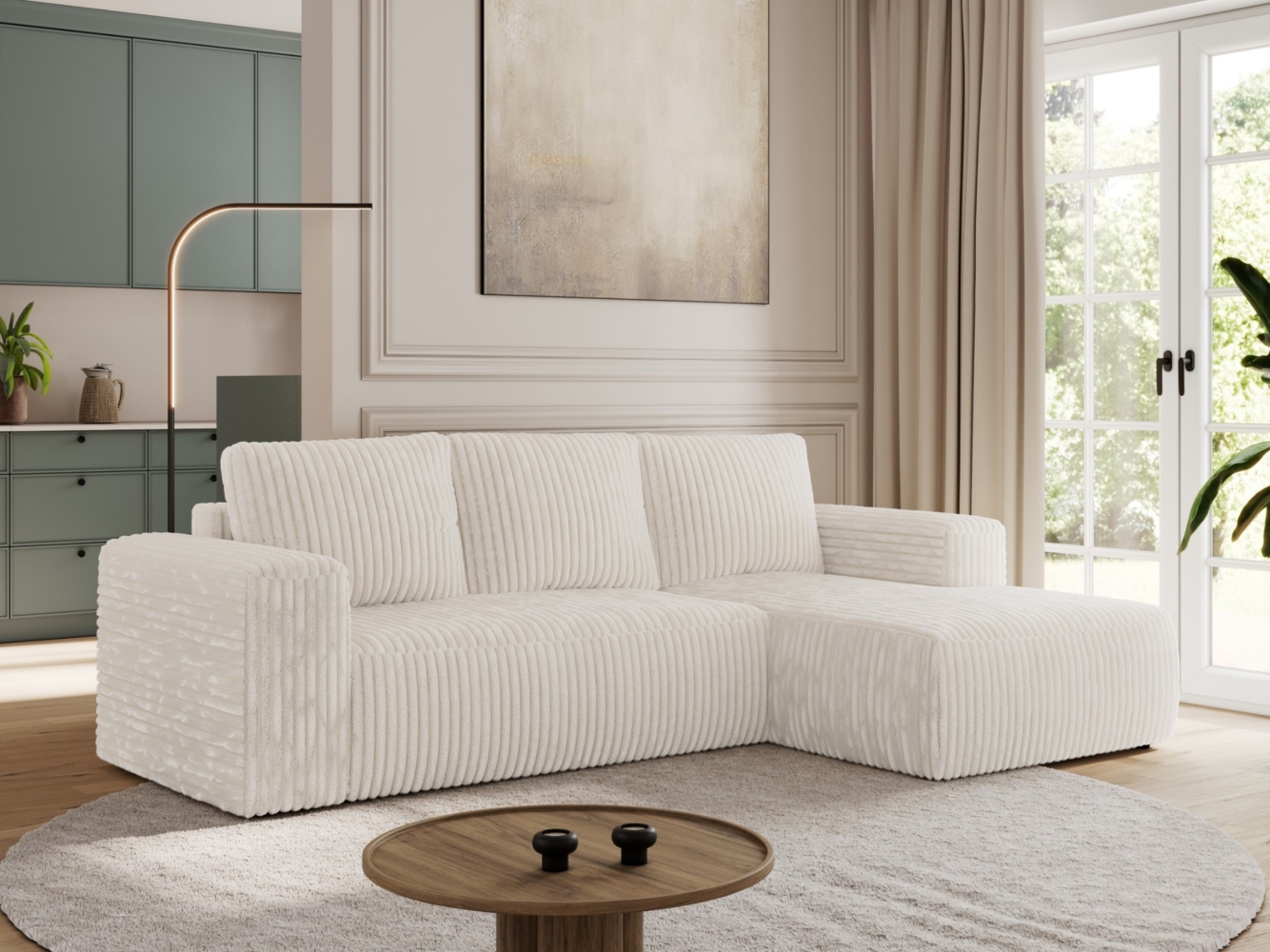 Ecksofa mit Schlaffunktion, Bettkasten und losen Kissen für das Wohnzimmer - TRENTINO - Beige Cord - rechts Bild 1