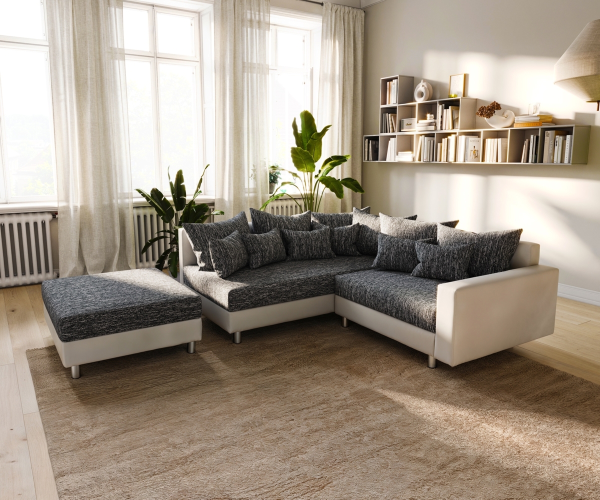 Eckcouch Clovis Weiß/ Schwarz mit Armlehne und Hocker Ottomane Links Modulsofa Bild 1