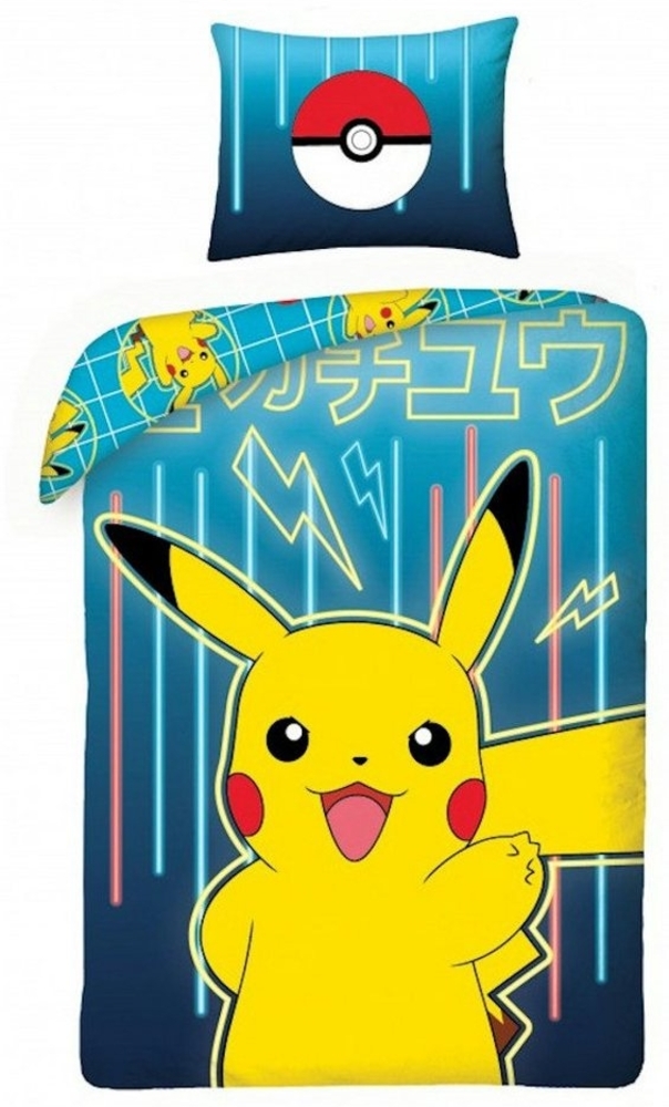 Halantex Bettwäsche-Set Pokemon, Picachu, Gelb, Blau, 2-teilig 140 x 200 cm + 1 Kissenbezug. 100 % Baumwolle, Oeko-TEX, Einzelbett Bild 1