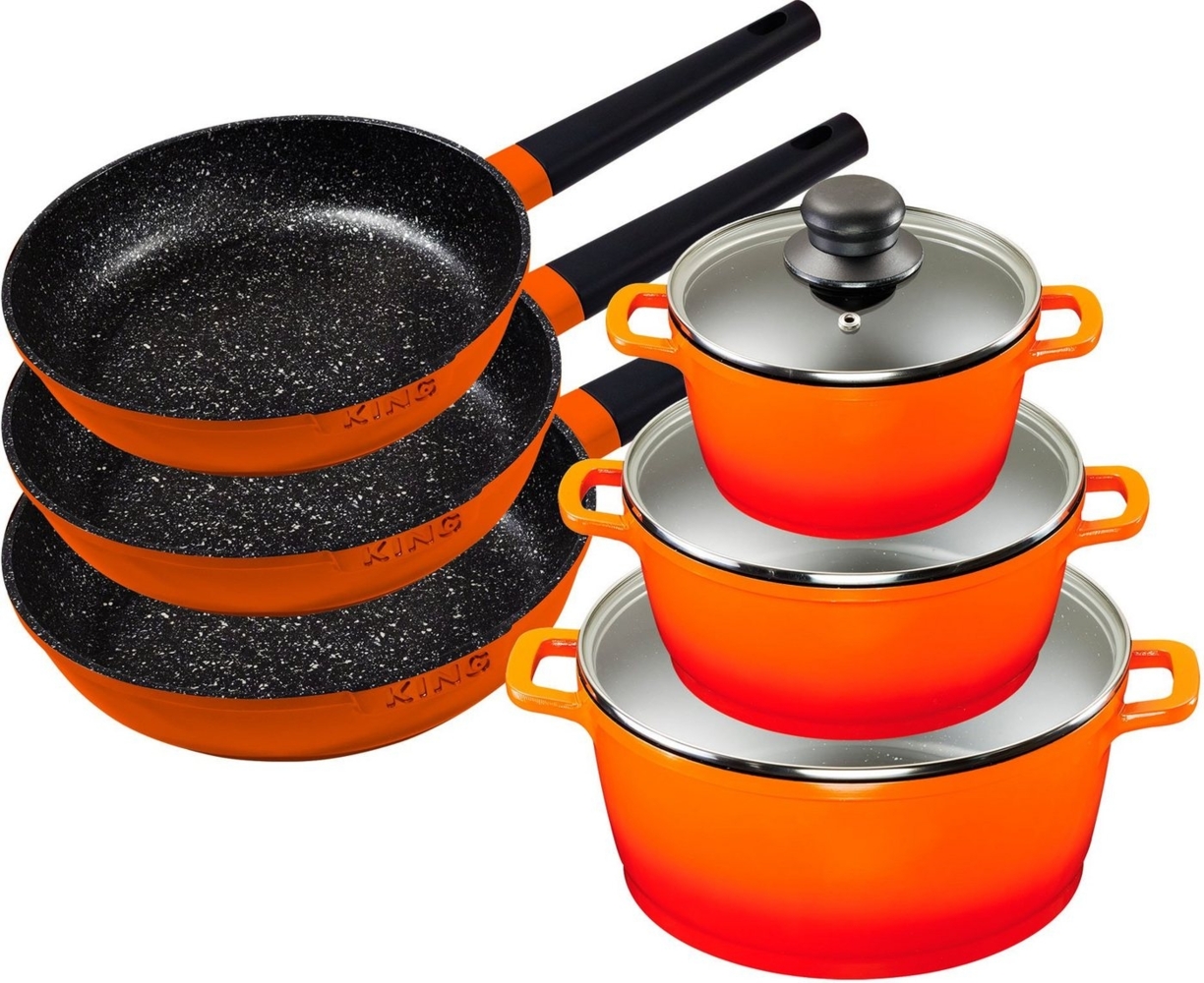 KING Topf-Set Shine Orange, Aluminiumguss (Set, 9-tlg, je 1 Kochtopf mit Deckel 18 /20/24 cm, je 1 Bratpfanne 20/24/28 cm), Induktion Bild 1