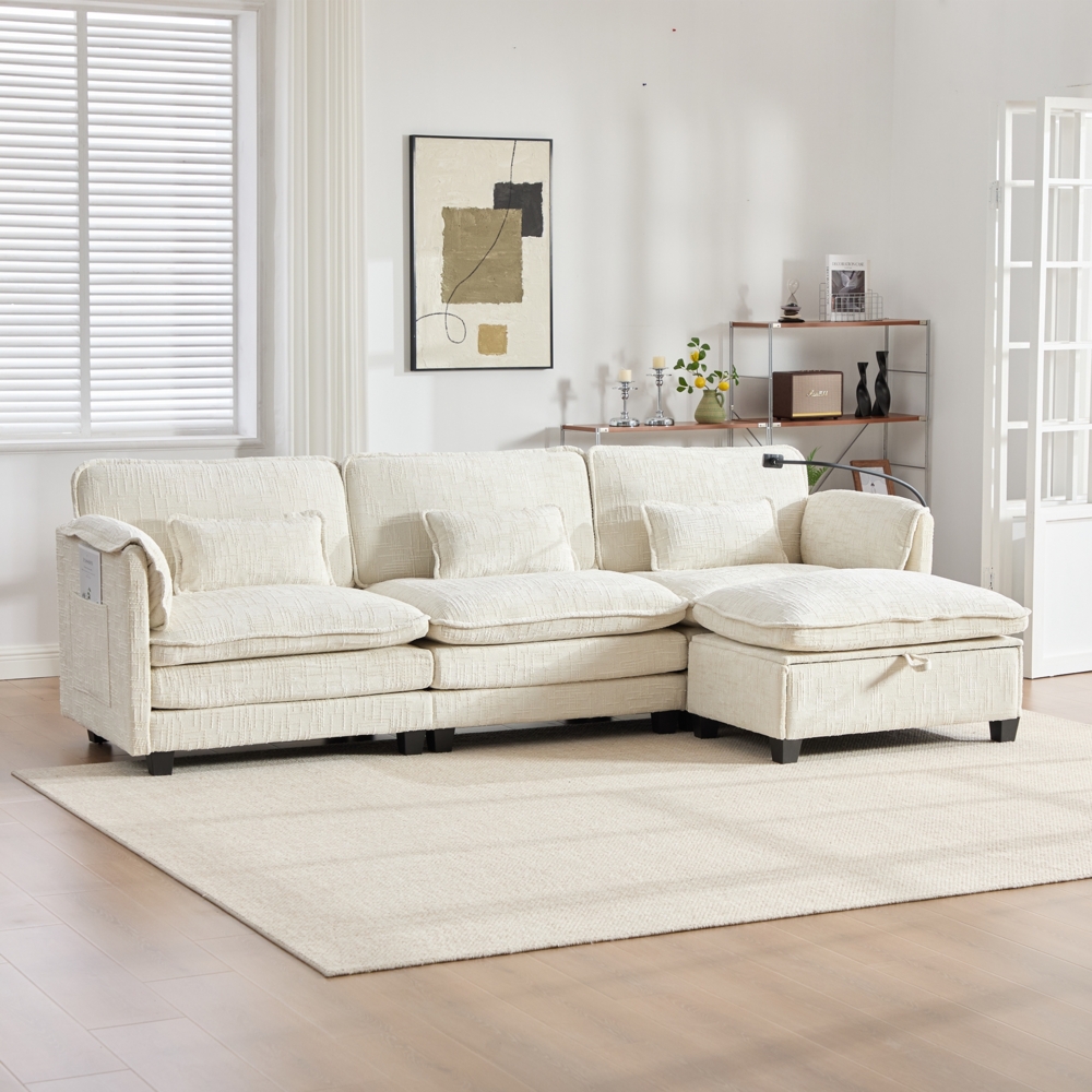 LVHOM 3-Sitzer Sofa mit Hocker, L-Form Ecksofa mit Stauraum, Modulares Sofa mit USB-C-Anschluss, Handyhalter und Seitentaschen, weiche Chenille-Stoff, Couchgarnitur, Beige Bild 1