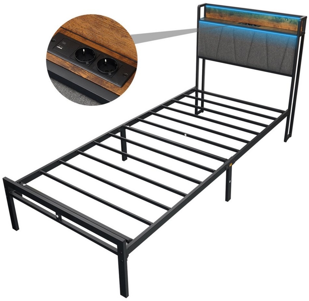 DOPWii Bettgestell Metallbett Doppelbett 140x200 cm/ Einzelbett 90x200 cm,Industriedesign (Bett, ohne Matratze, ohne Schubladen), mit Polsterkopfteil,LED,Steckdose,USB-& Typ-Anschlüssen,Jugendbett Bild 1