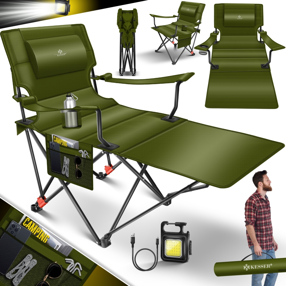 KESSER® Campingliege Campingstuhl 2in1 bis 160kg | Feldbett klappbar | Campingbett faltbar extra breit | Campinglicht & Getränkehalter + Aufbewahrungstasche & Transporttasche | Angelliege verstellbar Khaki / Schwarz Bild 1