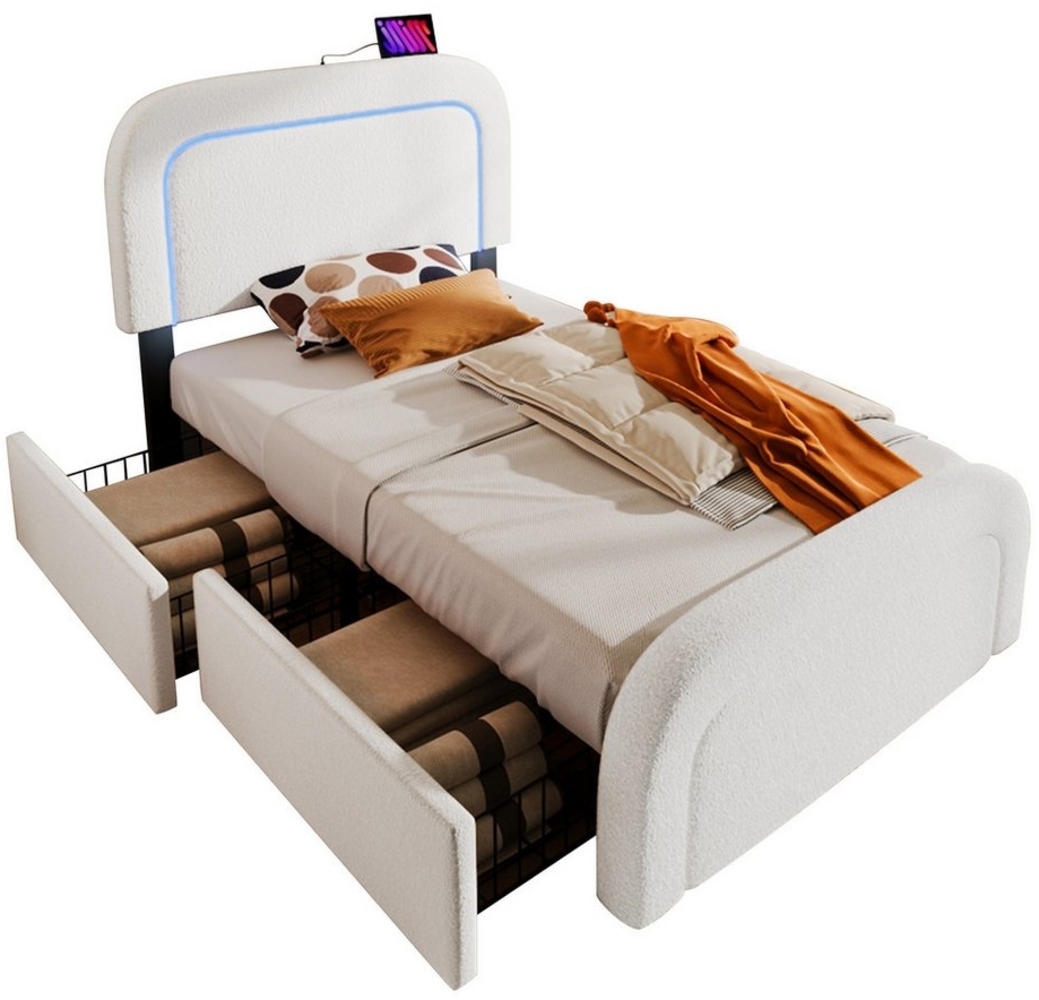 Welikera Polsterbett 90x200 cm Einzelbett mit TypC Ladefunktion,LED-Beleuchtung,2 Schubladen, Höhenverstellbarem Kopfteil,Lattenrost aus Holz,Ohne Matratze Bild 1