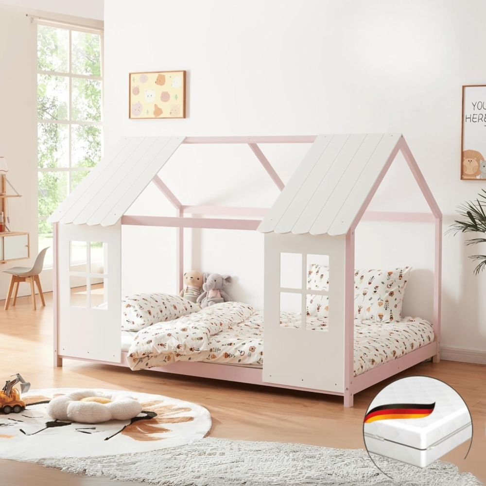 DELUKE® Kinderbett 120x200 GELO - mit Matratze Lattenrost Rausfallschutz Haus-OptikEinzelbett aus Holz Hausbett Kinderzimmer Montessori Bett Rosa Bild 1