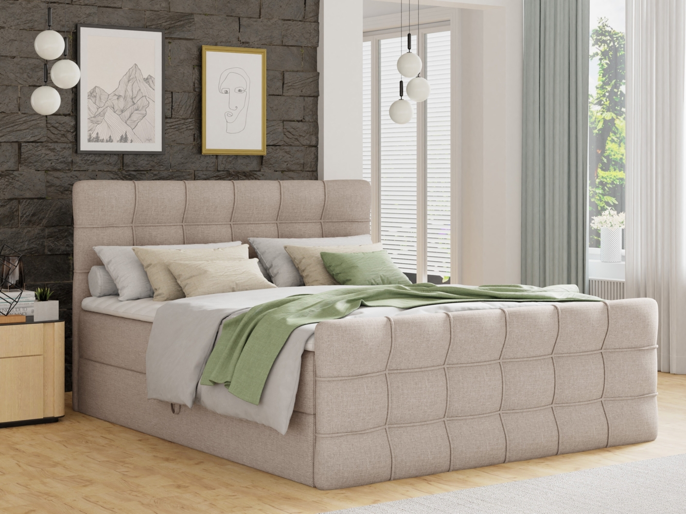 Boxspringbett Best Lux mit Fußteil, 2 Bettkästen, Bonell-Matratze und Topper, Polsterbett (Beige (Inari 22), 160 x 200 cm) Bild 1