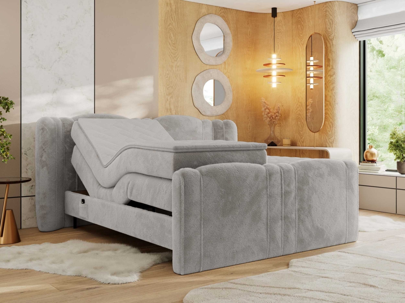 Elektrisch Boxspringbett Multipocket-Matratzen, elektrisch verstellbar, Polsterbett mit Bettkästen - FORTINA - 160 x 200 cm - Hellgrau Plüsch - H3 Bild 1