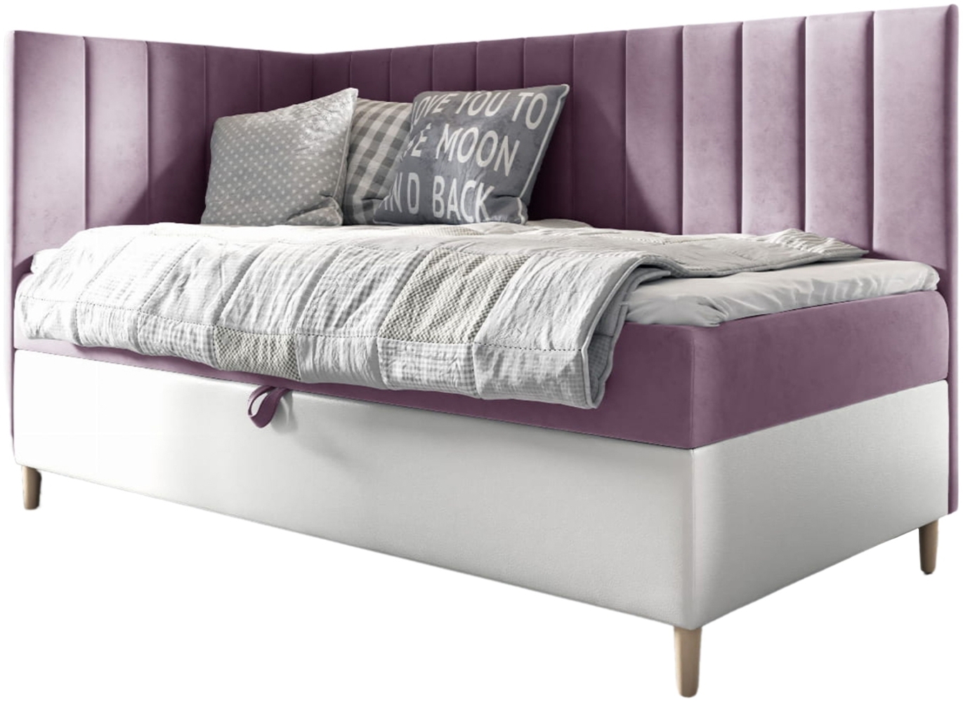 MEBLINI Kinderbett mit Bettkasten MAYA 3 90x200 Links – H3/Lila Samt Gepolstert Einzelbett mit Matratze - Polsterbett mit Stauraum - Bett mit Kopfteil – Stauraumbett Bild 1