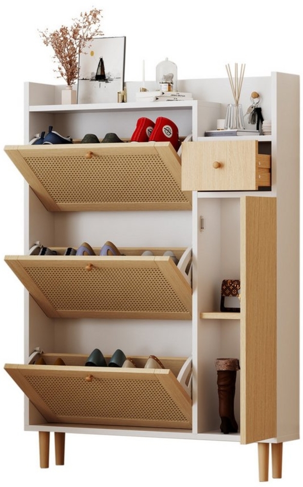 REDOM Schuhschrank (Schuhschrank mit 3 Kipp-Türen und 1 Schublade, 1-St, Schuhschrank aus Rattan) Maße: B90/H125/T17 cm Bild 1