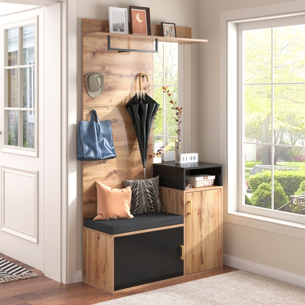 Garderoben-Set,mit 4 Kleiderhaken, 105 x 40 x 191.5 cm, Holzfarbe und Schwarz Bild 1