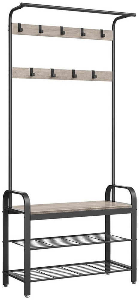 Vasagle Garderobenständer, Garderobe, Schuhregal mit Sitzfläche, Kleiderständer mit 9 abnehmbaren Haken, Sitzbank, 2 Gitterablagen, 183 cm hoch, Industrie-Design, Greige-Black HSRDE400B02 Bild 1