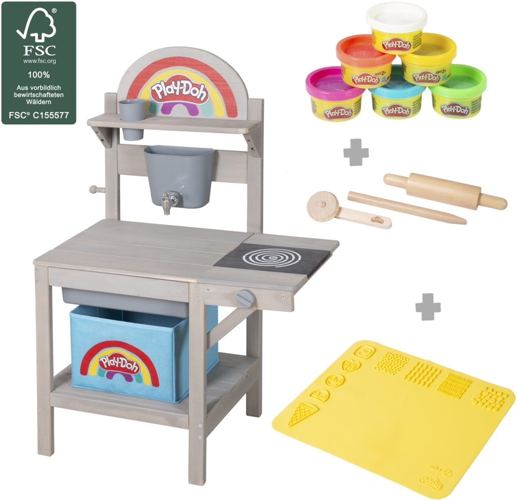 roba x Play-Doh Spielküche aus FSC-zertifiziertem Holz - Inkl. 3D-Kreativmatte, 6 Knetdosen, Werkzeugen, Aufbewahrungsbox & Spielwanne - Ideal für Indoor & Outdoor - Ab 3 Jahren Bild 1