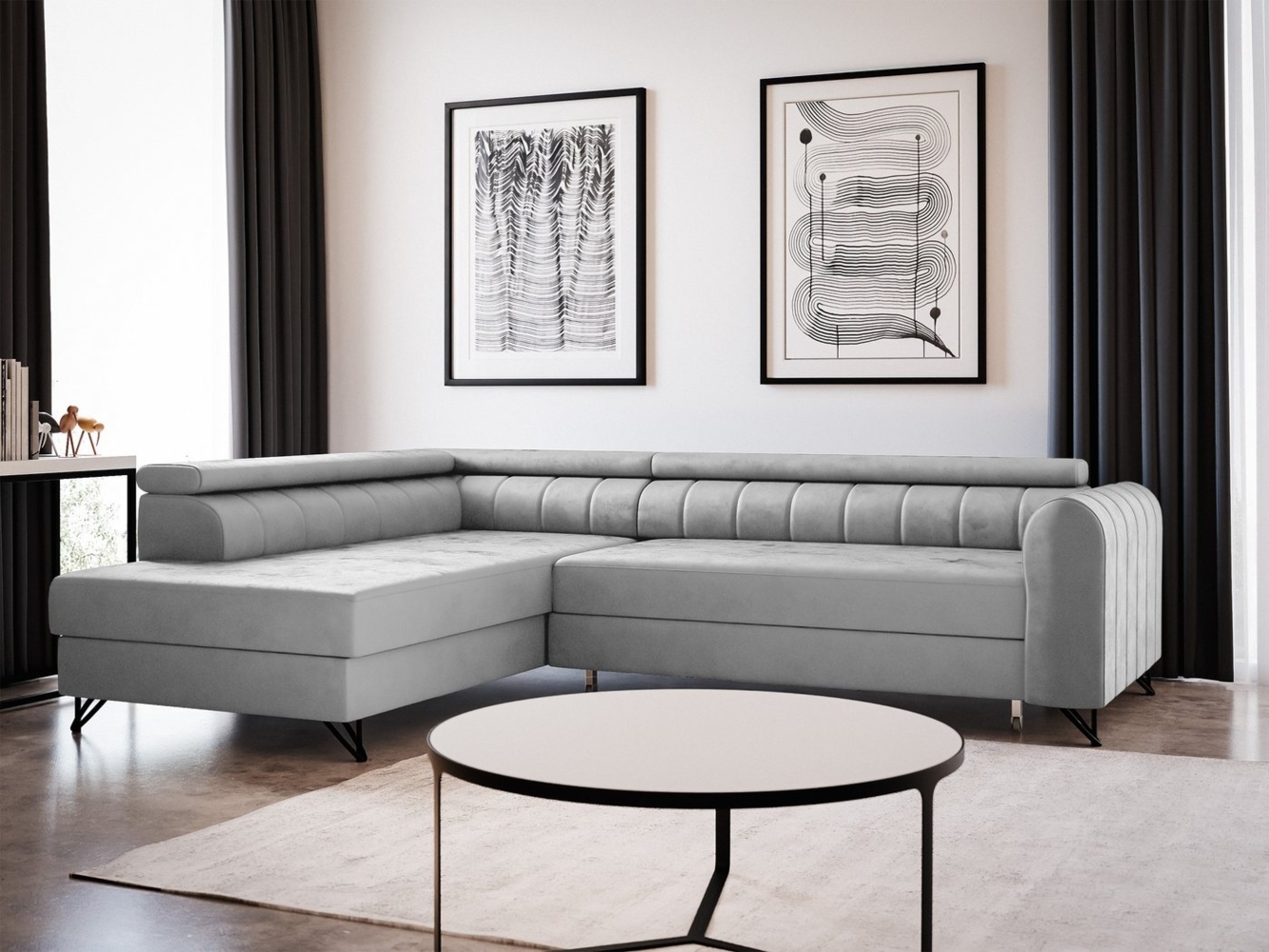 Ecksofa Alice mit Schlaffunktion und Bettkasten, Wohnlandschaft mit einstellbare Kopfstützen, Couch, Sofa, Bettsofa, Schlafsofa (Grau (Paros 05), Ecksofa Links) Bild 1