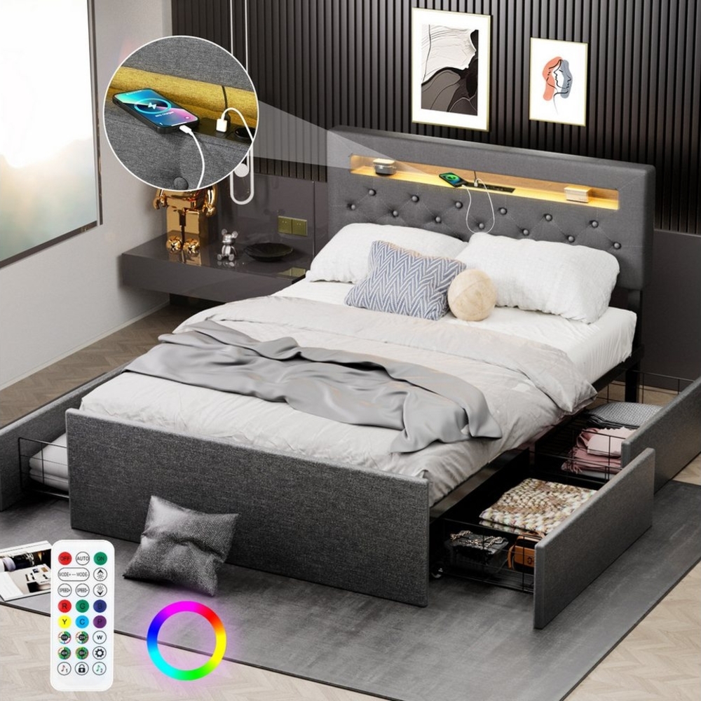 LOVONLIVE Polsterbett Doppelbettrahmen mit RGB-LED und Kopfteil, 4 ausziehbare Schubladen (1-tlg, Mit USB und Ladefunktion, Leises Design, LED-Polsterbett), Ladestation, Tragkraft 365 kg, Metall-Lattenrost, 140x200 cm Bild 1