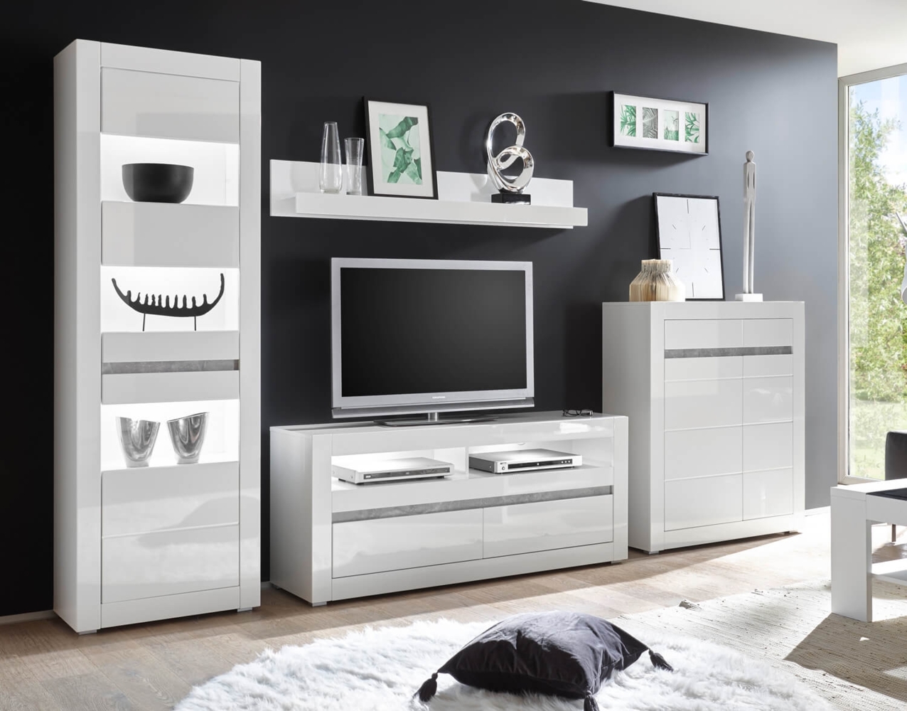 Wohnwand Anbauwand Carat 316cm weiß Hochglanz beton LED grifflos MDF Bild 1