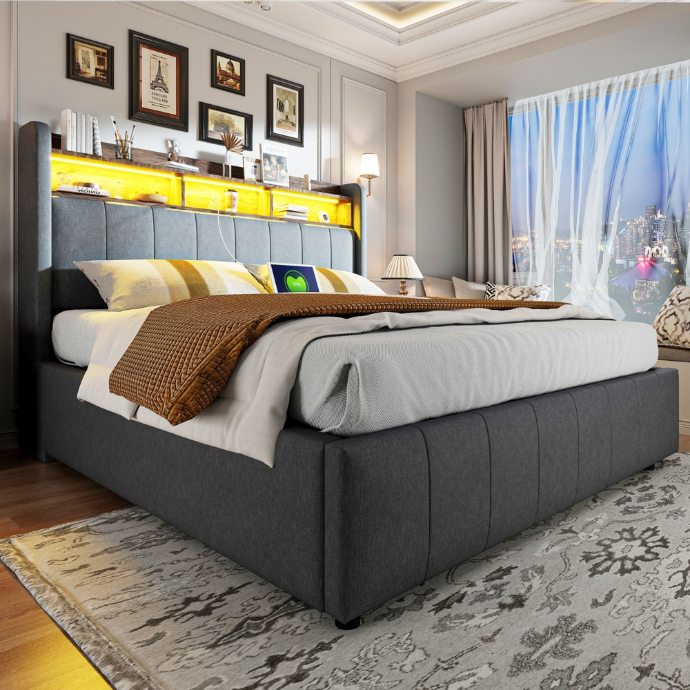 Polsterbett 160x200 cm mit LED-Beleuchtung, hydraulischem Stauraum, USB & Typ-C, Leinenstoff, Metallrahmen,Grau Bild 1