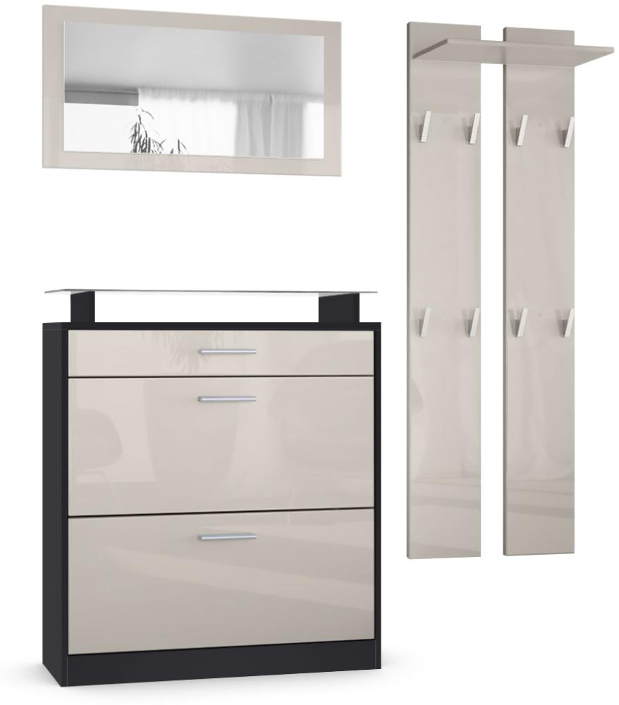 Vladon Garderobe Loret mini, Garderobenset bestehend aus 1 Schuhschrank, 1 Wandspiegel und 2 Garderobenpaneele, Schwarz matt/Sandgrau Hochglanz Bild 1