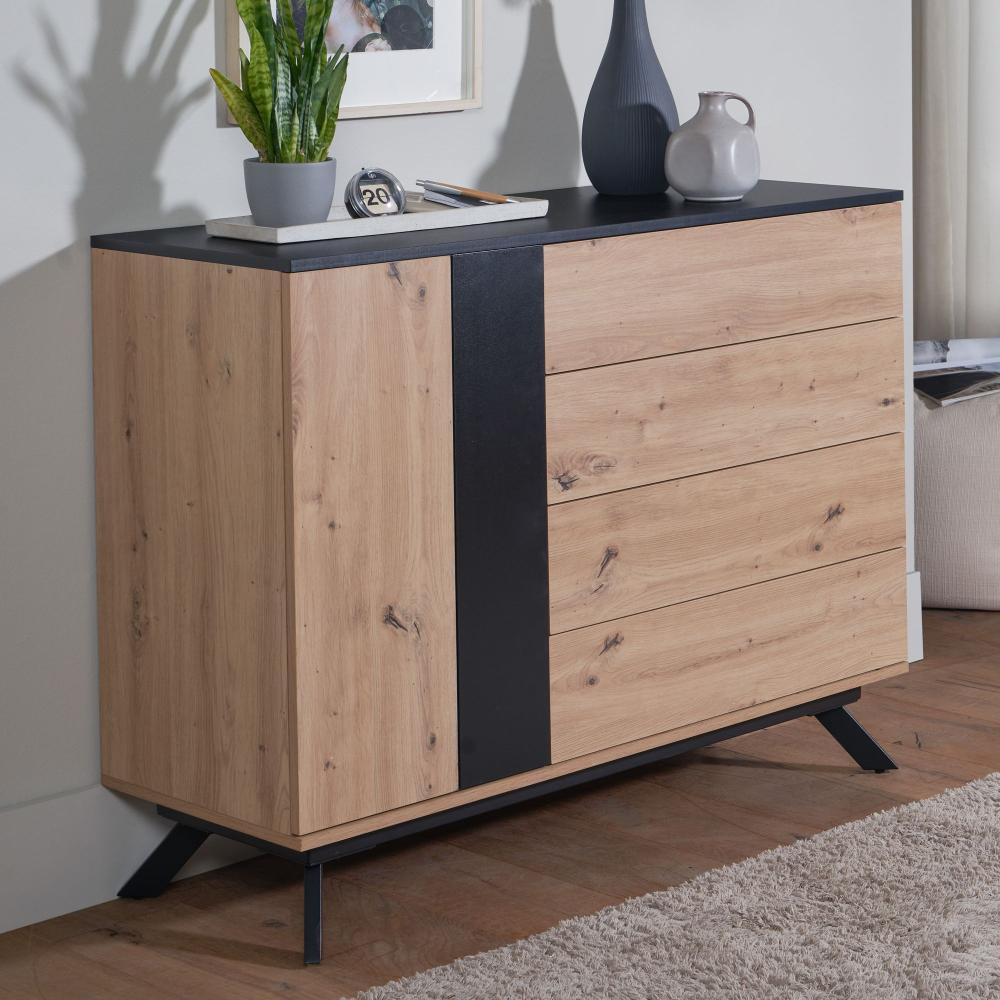 FINEBUY Sideboard FB87065 (110x87x40 cm MDF Eiche-Optik / Schwarz, Kommode), Anrichte Modern, Standschrank mit Schubladen Bild 1