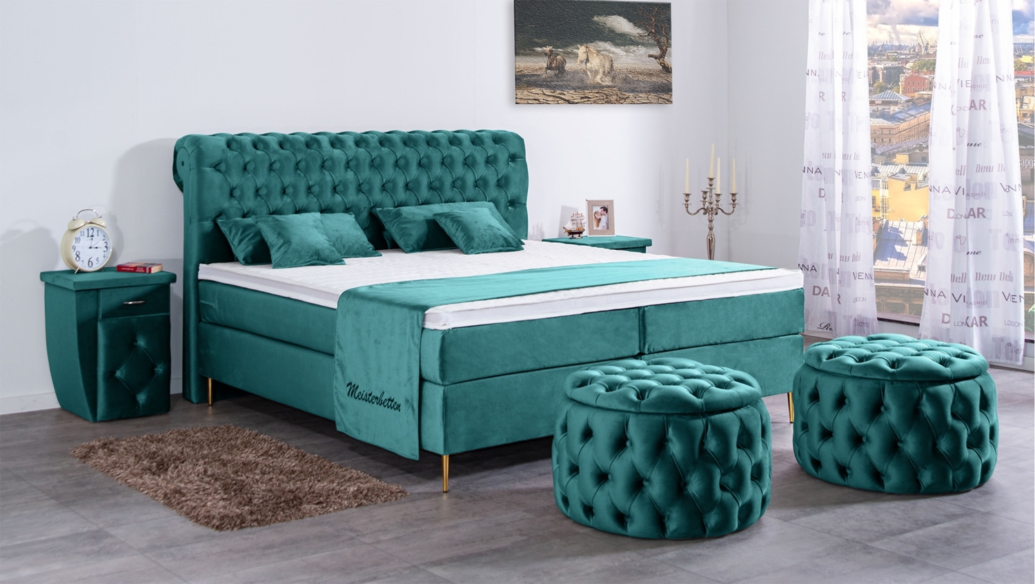 Meisterbetten Boxspringbett Lisa 180x220 in VS-Türkis, Matratzenbezug Nano, Ergoflex-Topper Bild 1